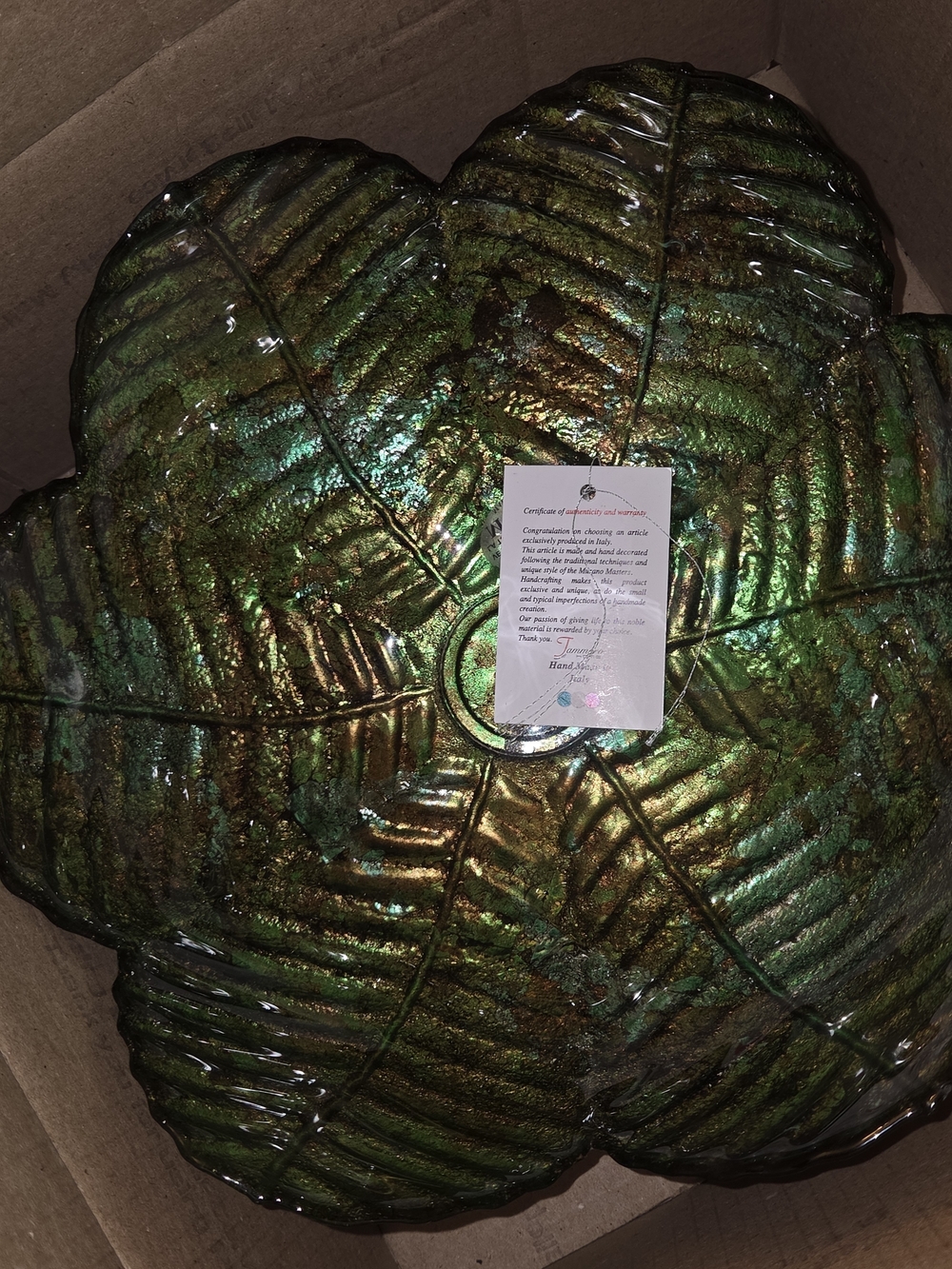 Murano Bowl Green And Gold Textured Collectable Piece Scalloped Around Top